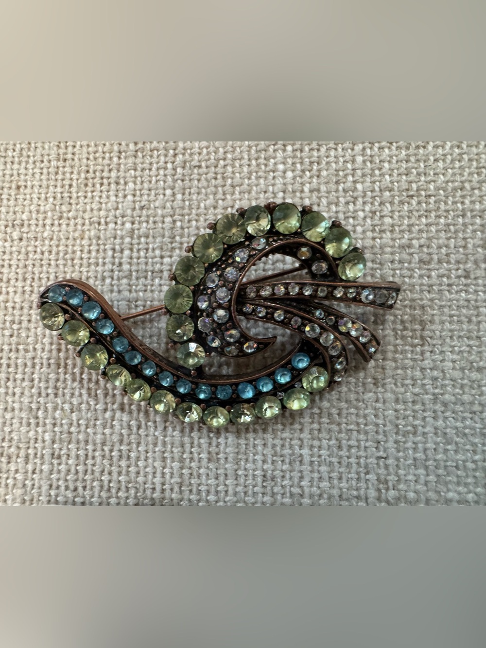 Vintage Rhinestone Brooch, Green And Blue Colors